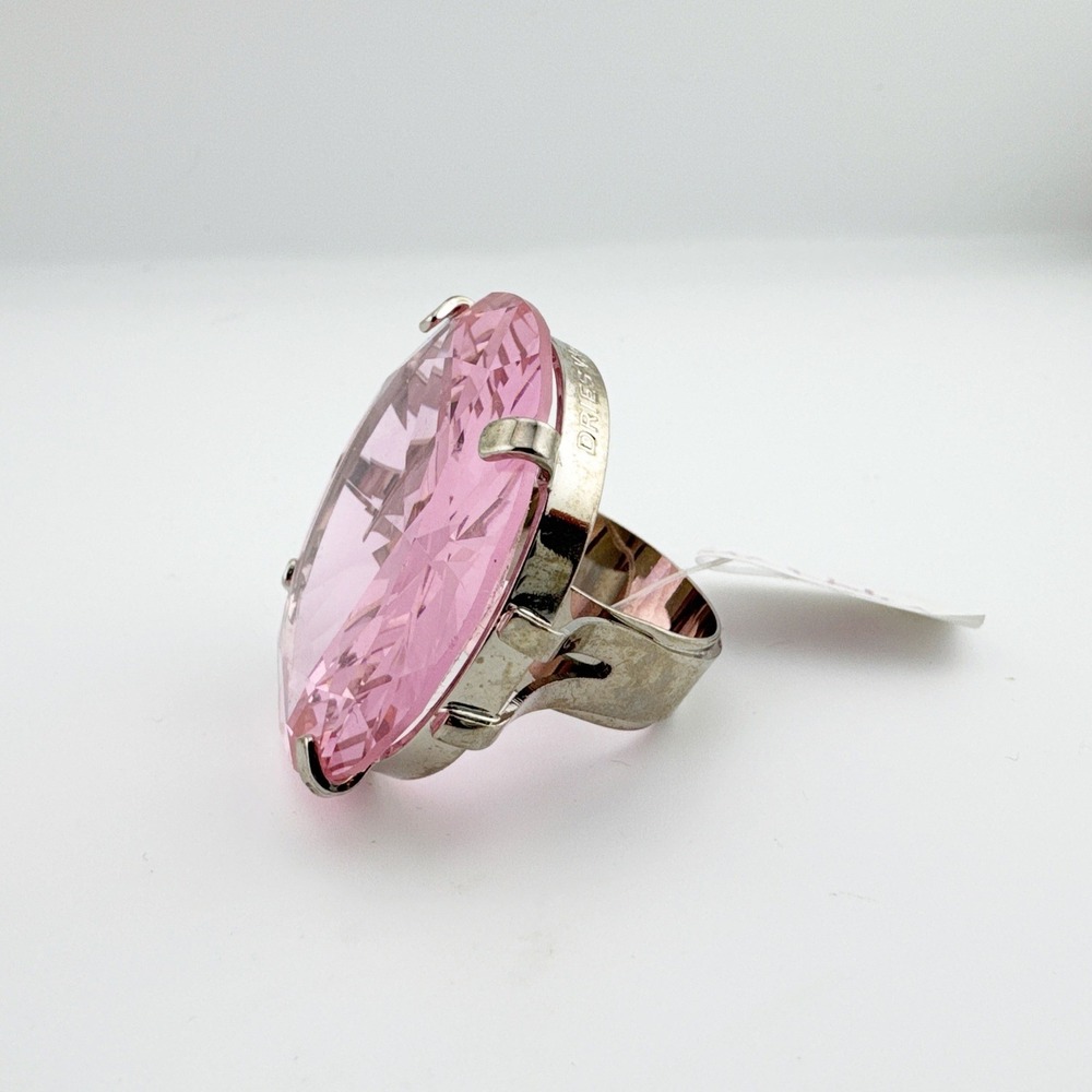 Dries Van Noten Pink Crystal Oversized Cocktail Ring‎ Size 8 Silver Tone Metal